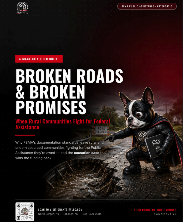 Broken Roads & Broken Promises field brief poster: a tactical-geared dog points at storm-damaged rural road under a dark red sky