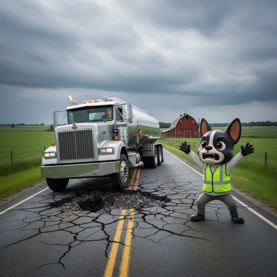 The GrantCity mascot waving beside a tanker truck stopped at a cracked, collapsing rural road