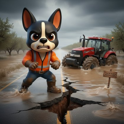 The GrantCity mascot in an orange safety vest standing over a cracked flooded road, a tractor stuck in the floodwater behind