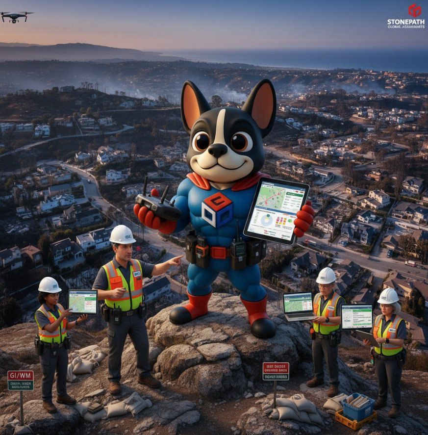 The caped GrantCity mascot flying a drone above a hillside while inspectors review tablets and laptops over a disaster-struck community