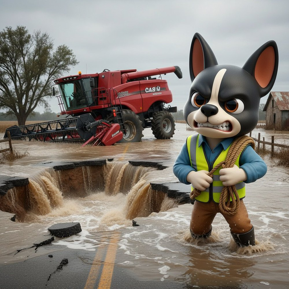The GrantCity mascot in a safety vest holding a rope beside a flood-washed road sinkhole, a combine stranded in the water behind