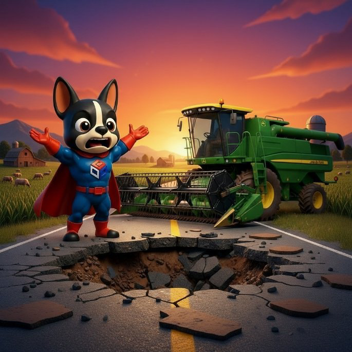 The caped GrantCity mascot standing beside a combine at a road washout at sunset over farmland